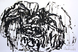 <p>Le chant inonde le visage de balafres striées, un état de tension extrême pour un moment de grâce.</p>Huile sur papier, 105 x 75 cm, 2011