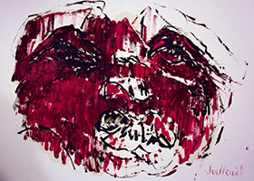 <p>Ce visage montueux traversé de rives et de fractures surgit abîmé au souffle de la bête.</p>Huile sur papier, 105 x 75 cm, 2011